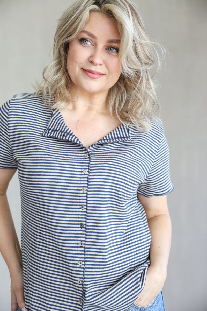 Bomullsblus mel. rand, jeans/natur