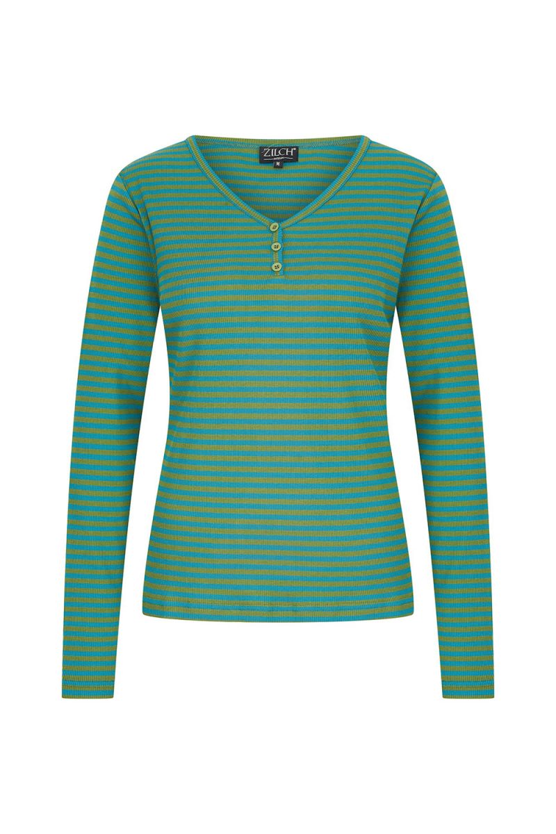 Topp i ribbad bomull/sidentrikå, Turquoise