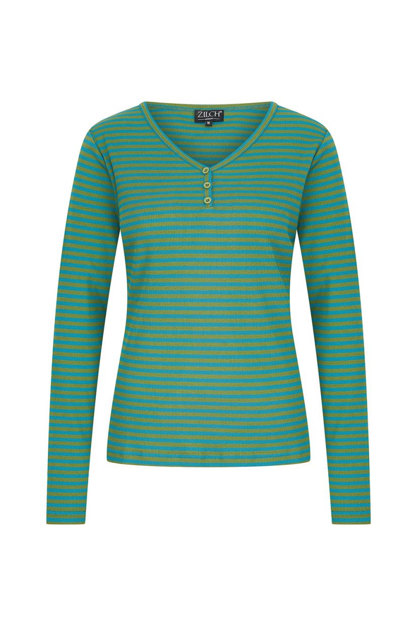 Topp i ribbad bomull/sidentrikå, Turquoise