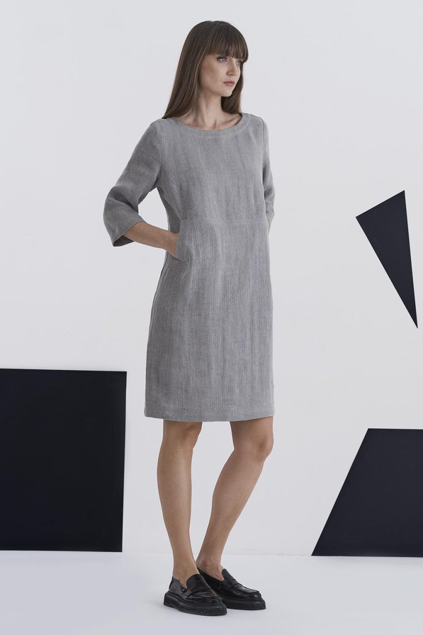 ROMANTA Klänning i lin, Blue herringbone