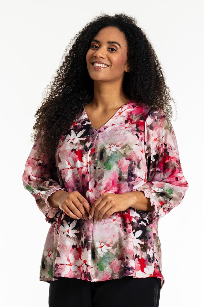 sJUSTINA Blus i viskos, Rosa Flowers