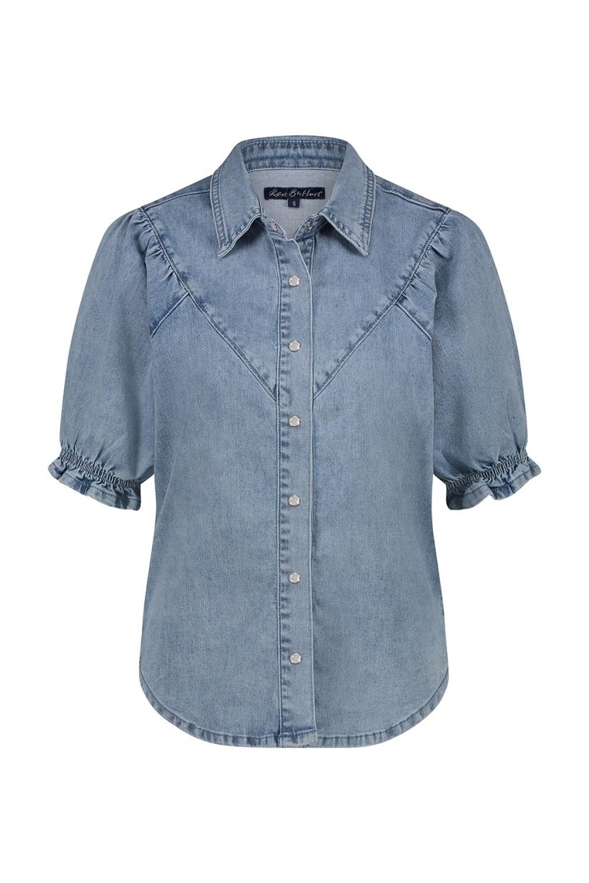 VICTORIA Blus i bomullsdenim, Light Stone