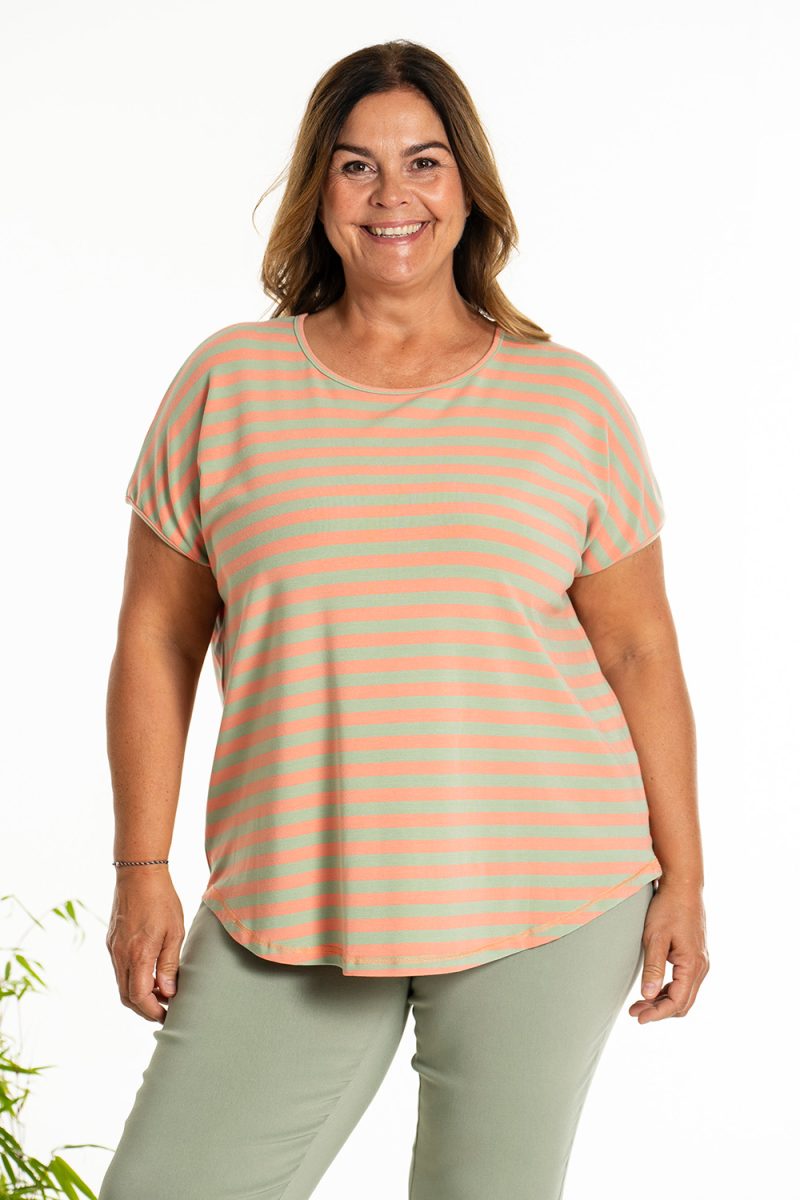gGITTE T-shirt i viskostrikå, Coral/Green