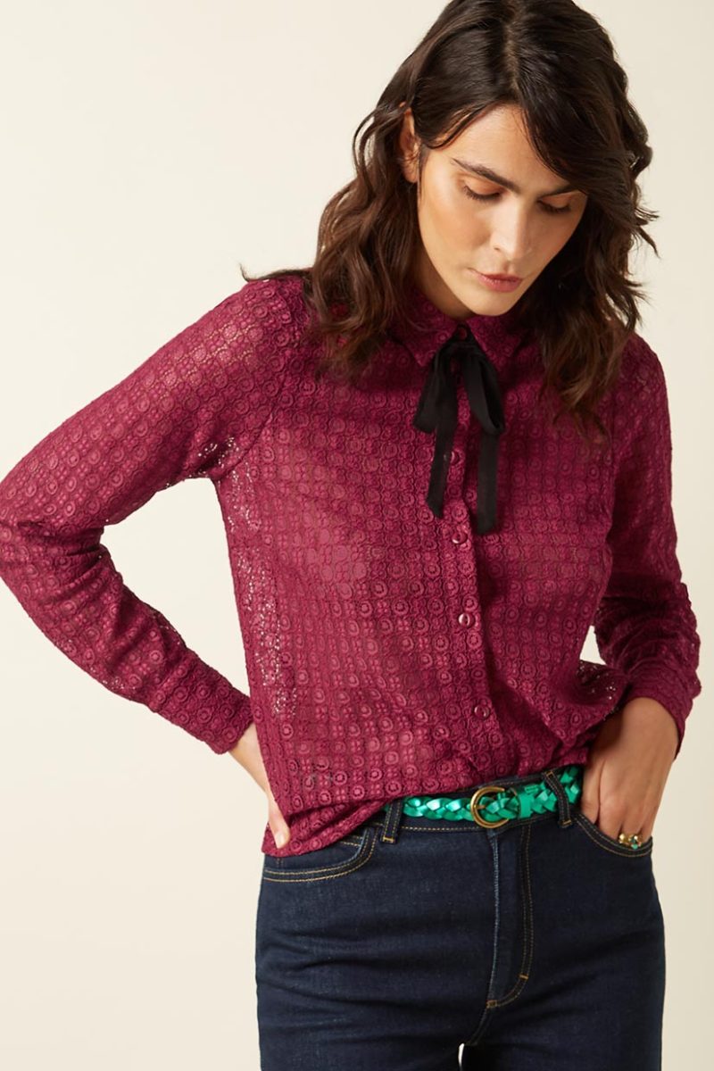 ELIA BRANCO LACE Skjortblus i bomullsmix, Beaujolais Red