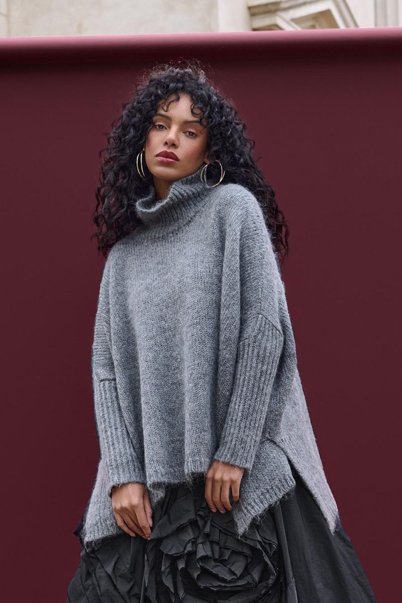 Stickad polotröja i ull/mohair-mix, Charcoal Grey