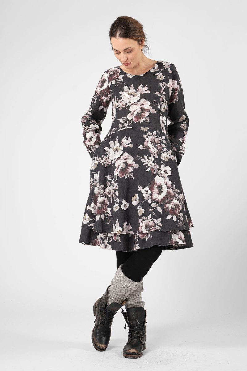 KALLAN Klänning i lin, Black Flower