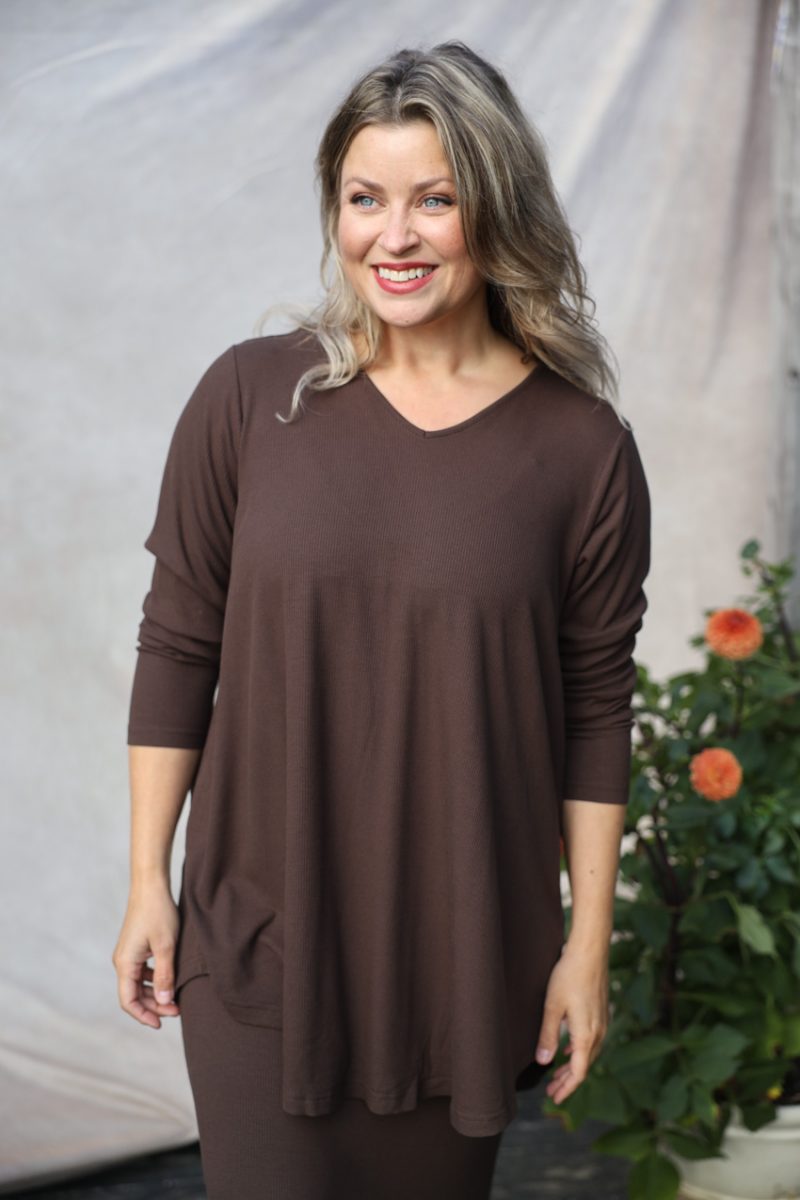 sBERIT Tunika i ribbad viskostrikå, Dark Brown