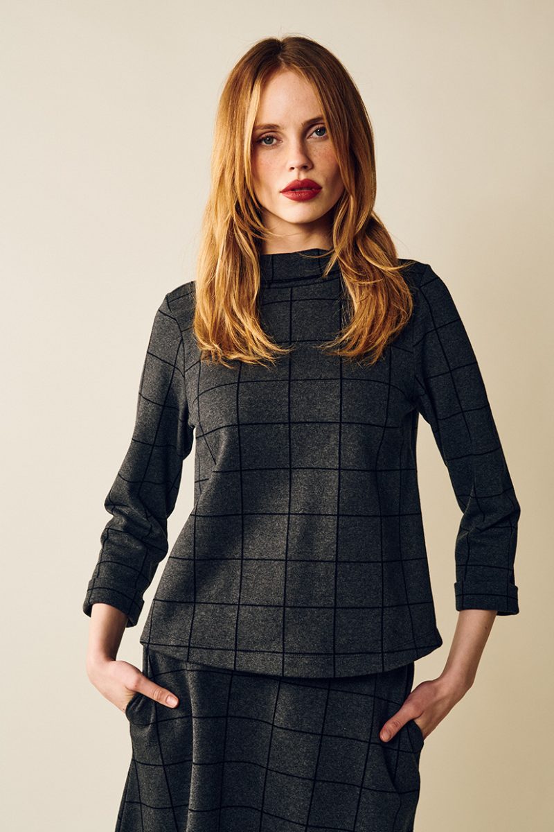 TARA CHECK Tröja i bomullsjersey, Grey