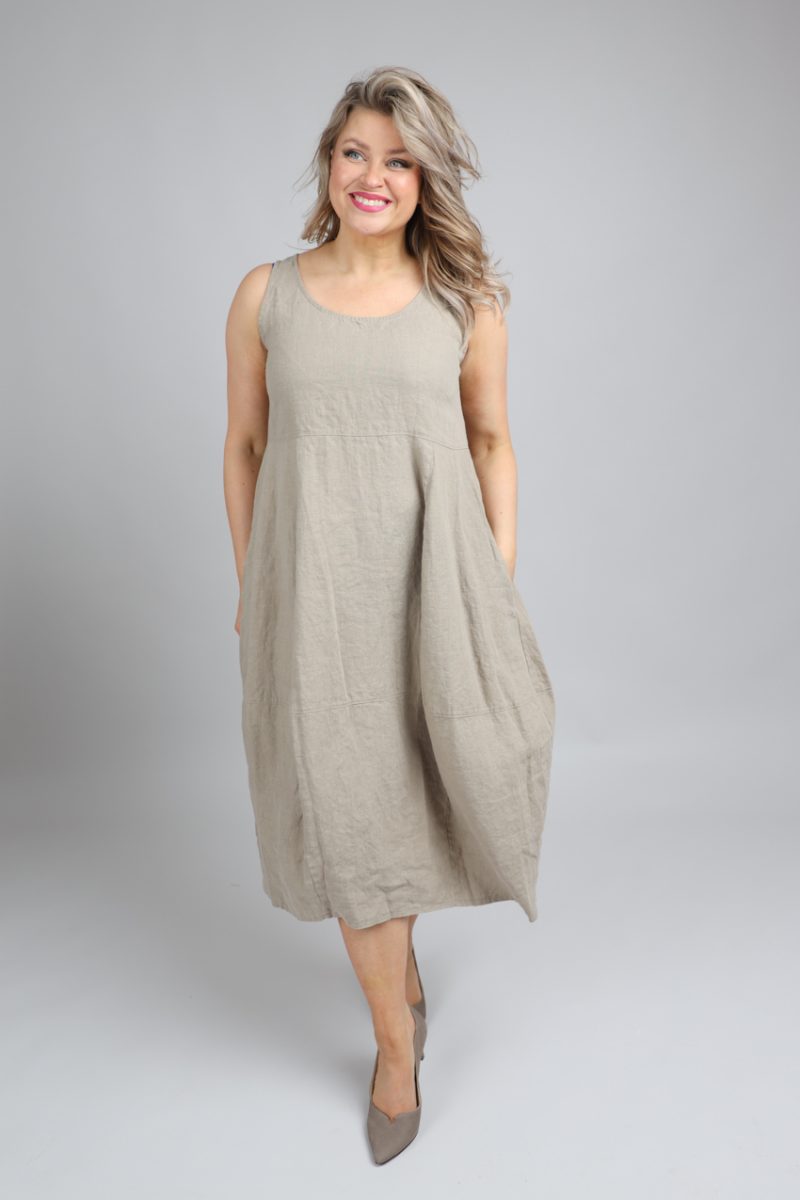 Ärmlös ballongklänning i lin, Putty