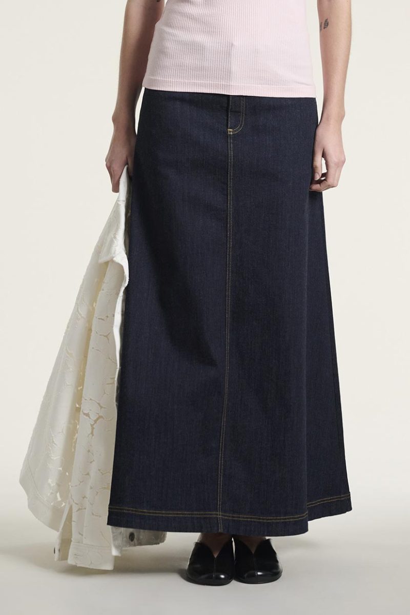 JINZU Långkjol i bomullsdenim, Dark denim