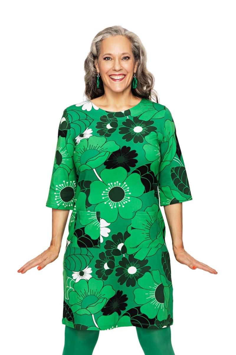 DORIS Klänning i bomullstrikå, 1960 Grön