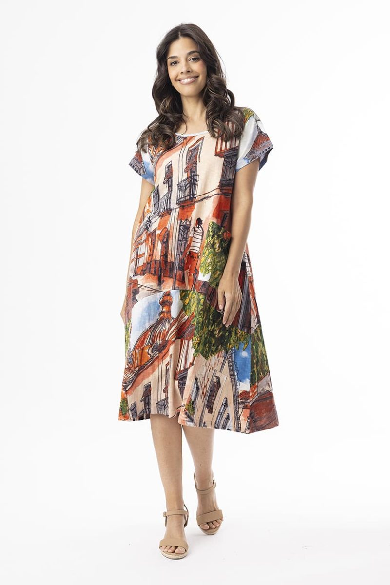 PRINTED COTTON Klänning i bomull, Tower Peach