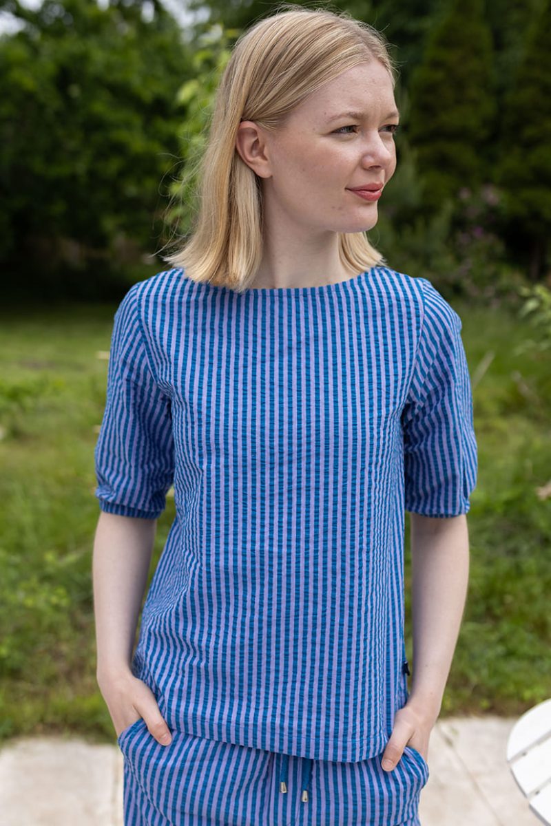 DaneCREMANT SEERSUCKER Topp i bomulls-bäckebölja, Warm Blue/Light Lilac