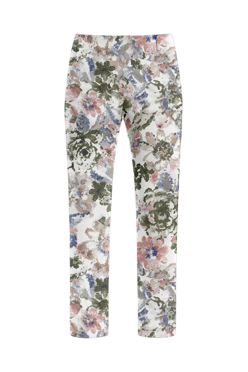 TAYLOR REGULAR CROPPED Byxor i stretchig bomull, Khaki Watercolour Print