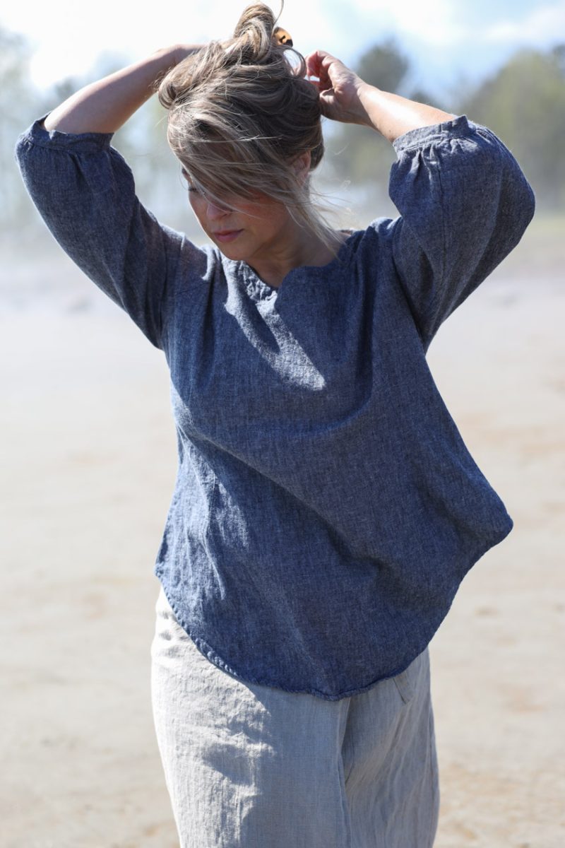 Blus i bomull/lin, Blue