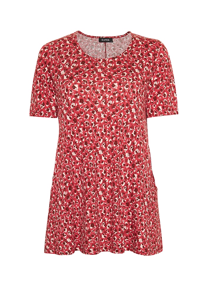 GINA Kortärmad tunika i bomull/tencel-trikå, Coral