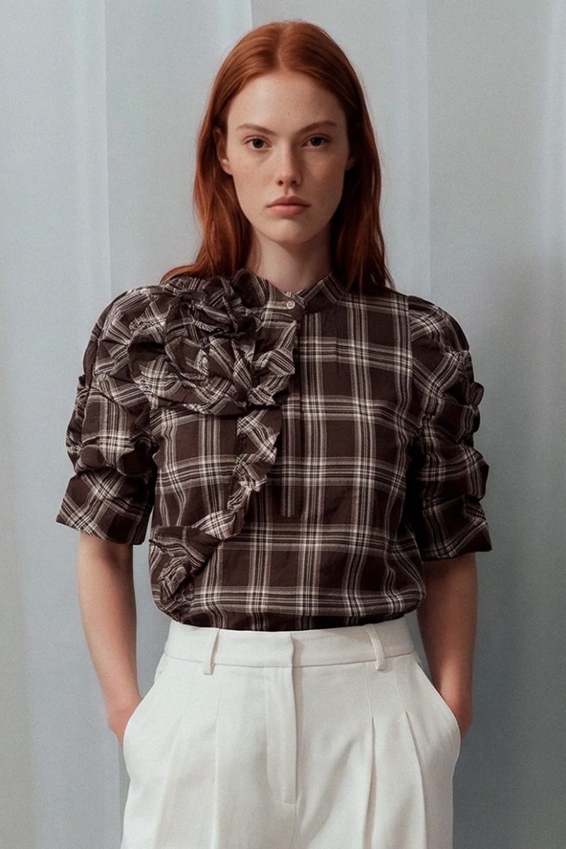 ZabinaGO Blus i bomull, Brown checks
